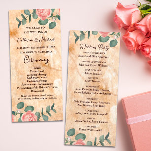 Rustic Wood Bark Rings Watercolor Pink Roses Green Programme