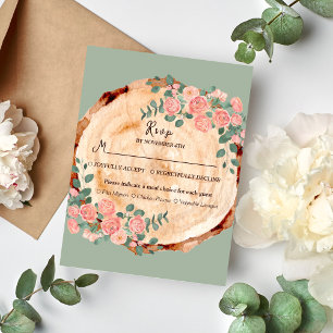 Rustic Wood Bark Rings Watercolor Pink Roses Green RSVP Card
