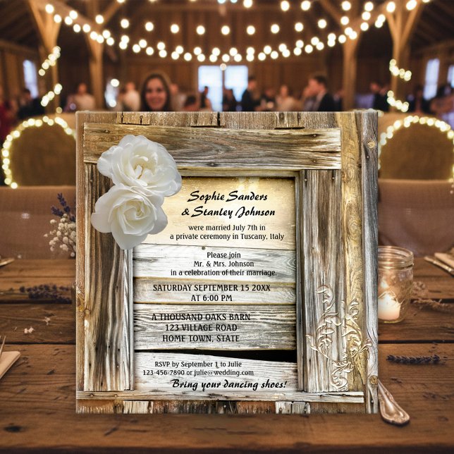 Rustic Wood Barn Post Wedding Invitation (Post wedding invitation or reception only invitation featuring white roses on rustic wood)