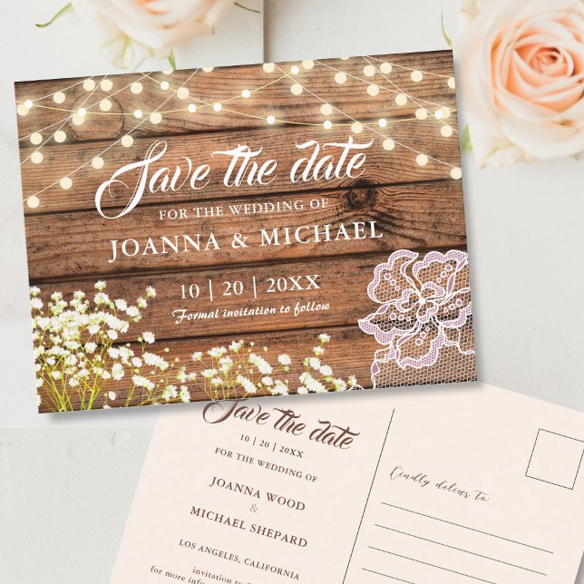 Rustic Wood Barn String Lights Save the Date Postcard (Creator Uploaded)
