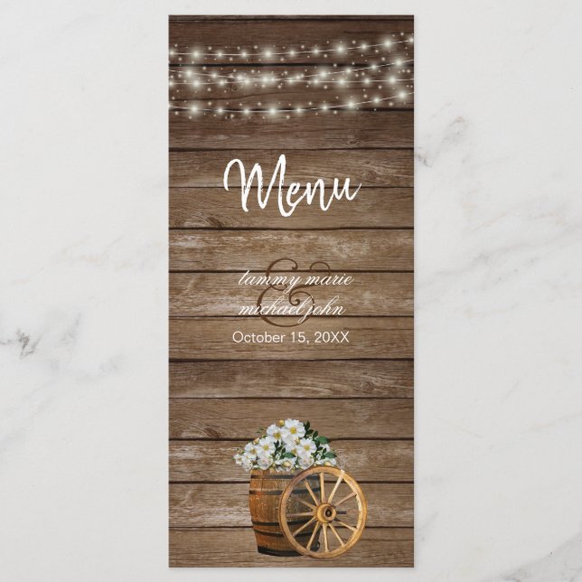 Rustic Wood Barrel and Country White Flowers Menu (Front)