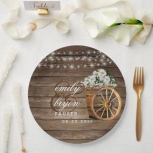 Rustic Wood Barrel and Country White Flowers Paper Plate