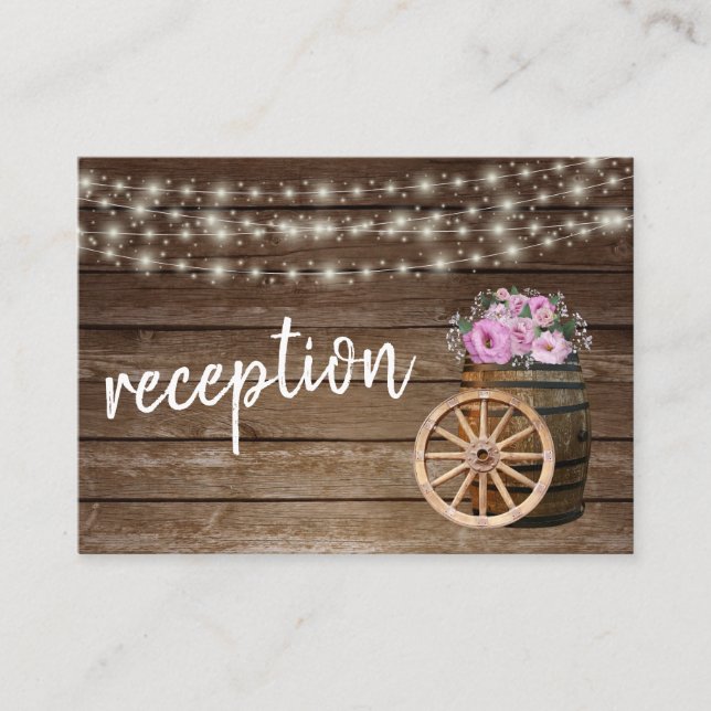 Rustic Wood Barrel and Pink Floral - Reception Enclosure Card (Front)