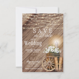 Rustic Wood Barrel and String Lights Save The Date