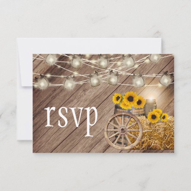 Rustic Wood Barrel and Sunflowers  - RSVP Card (Front)
