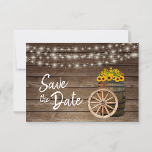 Rustic Wood Barrel and Sunflowers - Save The Date