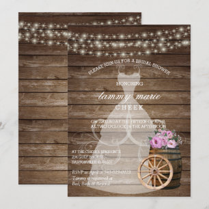 Rustic Wood Barrel Bridal Shower with Pink Floral Invitation