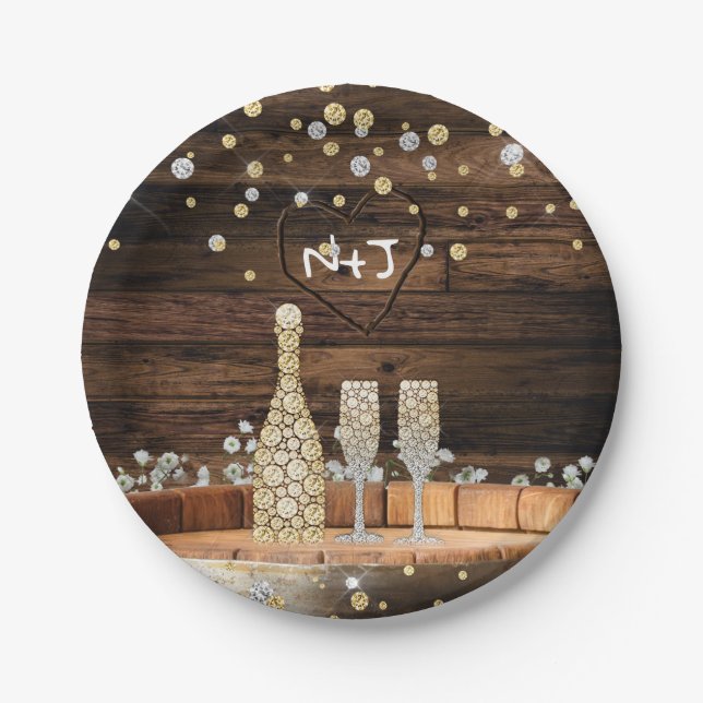 Rustic Wood Barrel Lights Champagne Modern Party Paper Plate (Front)