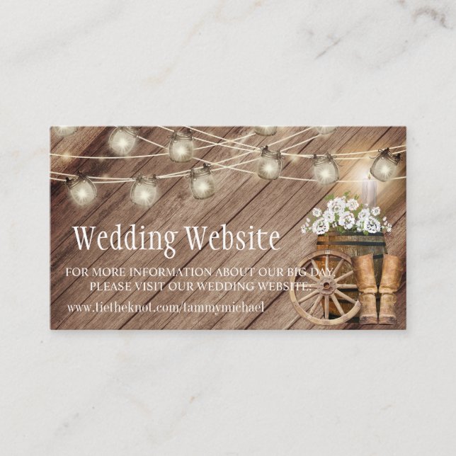 Rustic Wood Barrel & Mason Jars -  Wedding Website Enclosure Card (Front)