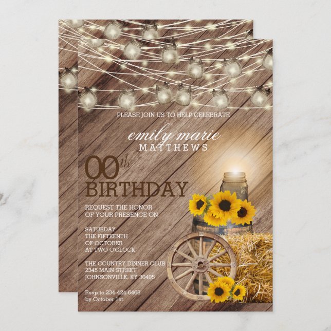 Rustic Wood Barrel & Sunflowers - 00th Birthday Invitation (Front/Back)