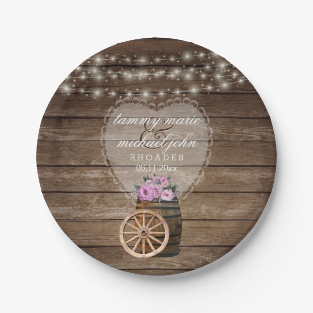 Rustic Wood Barrel Wedding and Pink Flowers Paper Plate (Front)