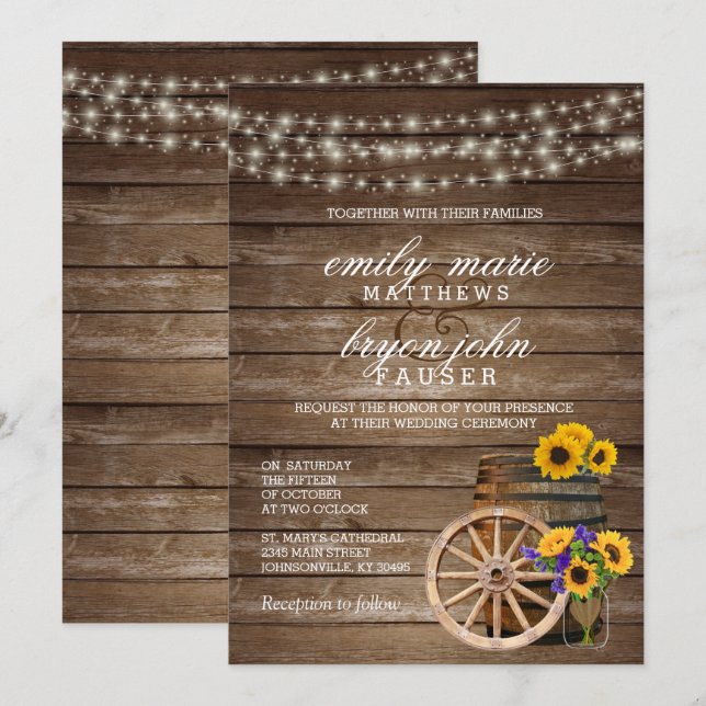 Rustic Wood Barrel Wedding with Sunflowers Invitation (Front/Back)