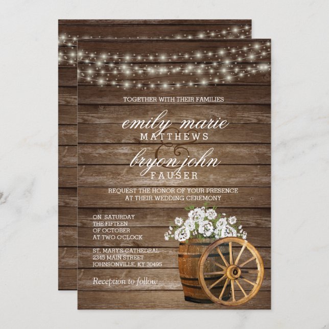 Rustic Wood Barrel Wedding with White Floral Invitation (Front/Back)