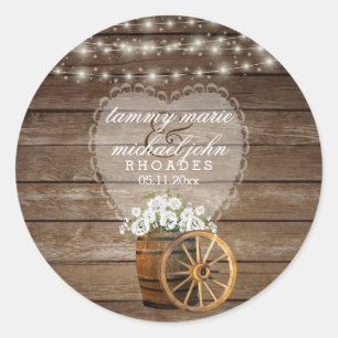 Rustic Wood Barrel Wedding with White Flowers Classic Round Sticker