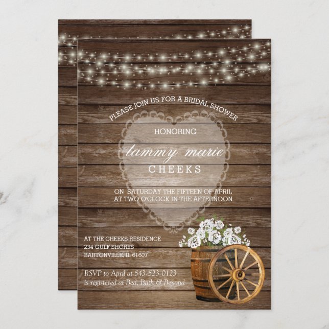 Rustic Wood Barrel Wedding with White Flowers Invitation (Front/Back)