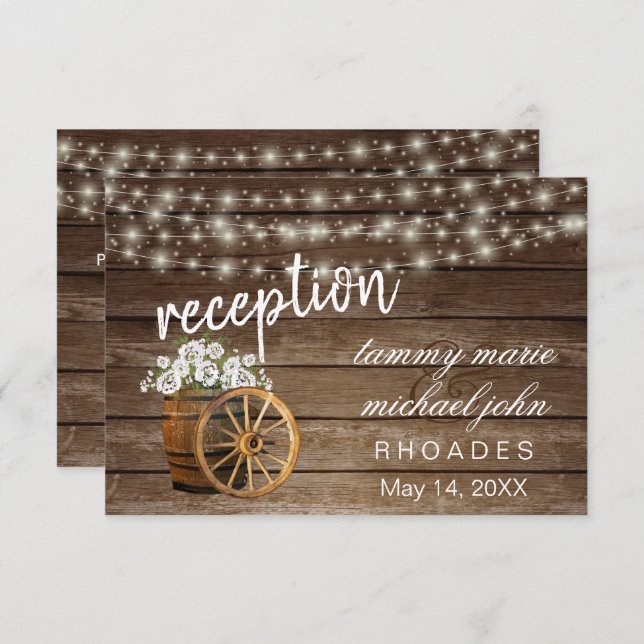 Rustic Wood Barrel White Flowers - Reception Invitation (Front/Back)