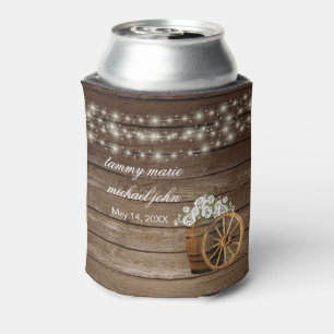Rustic Wood Barrel with White Flowers Can Cooler
