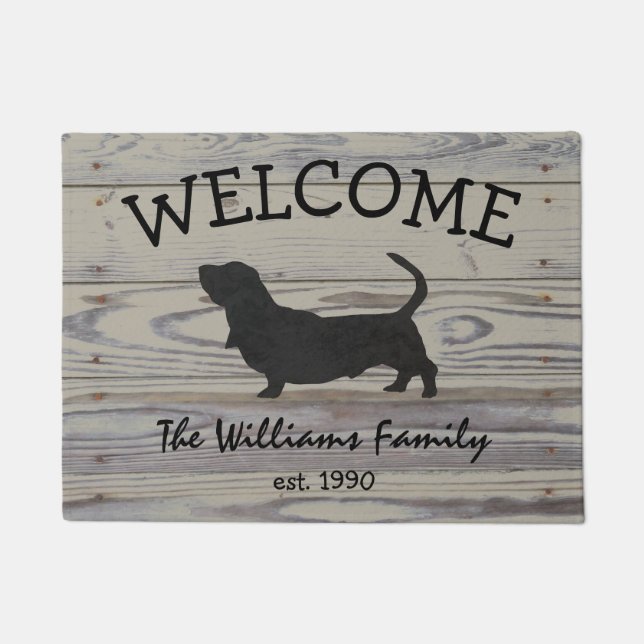 Rustic Wood Basset Hound Watercolor Silhouette Doormat (Front)