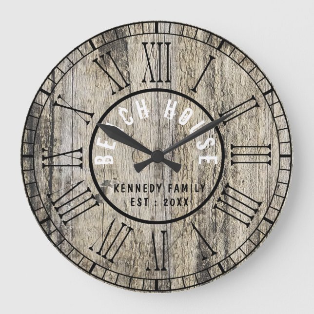 Rustic Wood Beach House Black Roman Numeral Large Clock (Front)