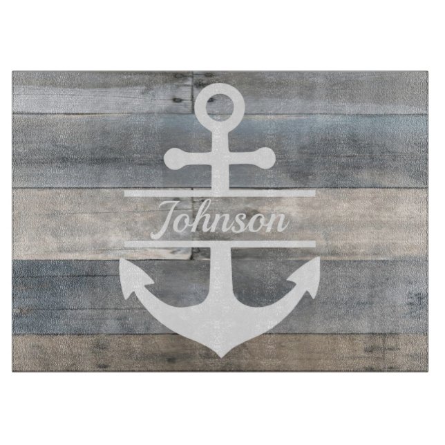 Rustic Wood beach house cutting board anchor name (Front)