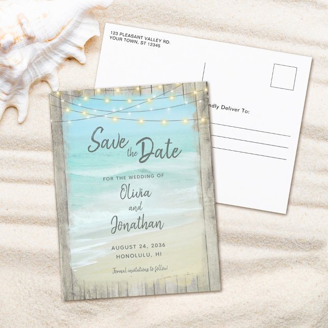 Rustic Wood Beach Ocean Wedding String Lights Save Announcement Postcard (Creator Uploaded)
