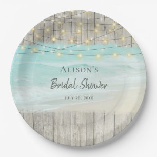 Rustic Wood Beach String Lights Bridal Shower Paper Plate