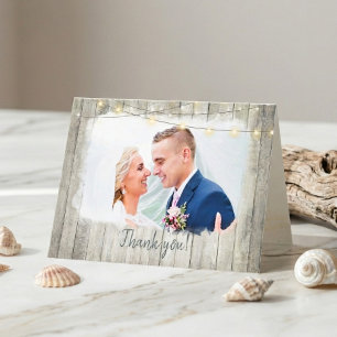 Rustic Wood Beach String Lights Photo Wedding Thank You Card