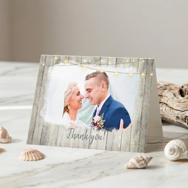 Rustic Wood Beach String Lights Photo Wedding Thank You Card (Creator Uploaded)