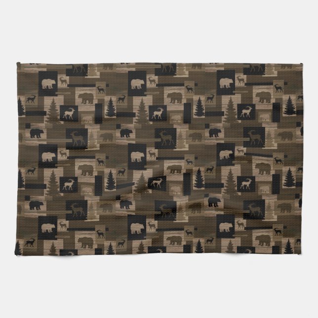 Rustic wood bear moose pattern kitchen towel (Horizontal)