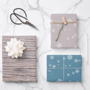 Rustic Wood Beige Blue Snowflake Pattern Christmas Wrapping Paper Sheet
