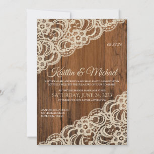 Rustic Wood & Beige / Tan Lace Wedding Invitation