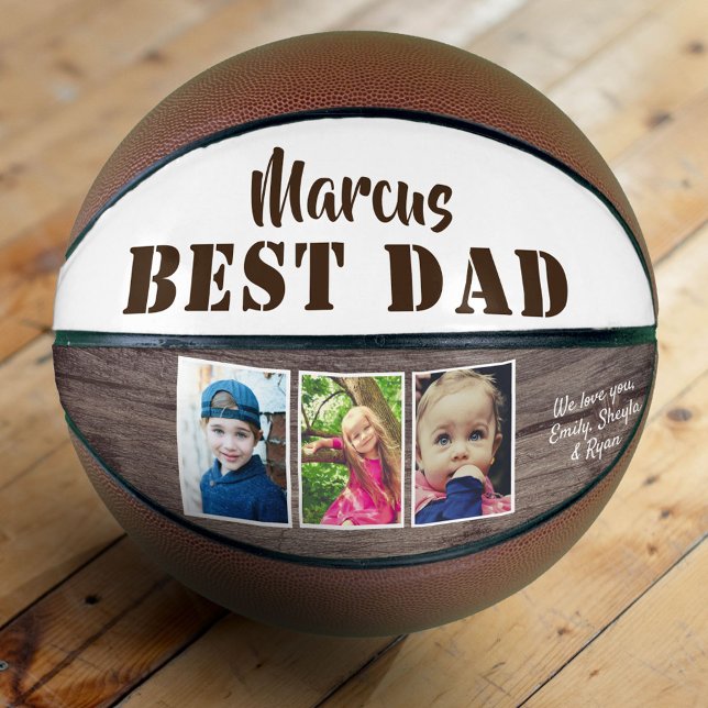 Rustic Wood Best Dad 3 Photo Collage Father`s Day  Basketball (Creator Uploaded)