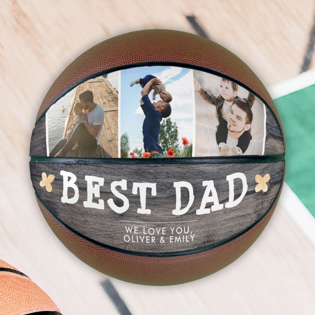 Rustic Wood Best Dad 3 Photo Collage Keepsake  Basketball (Creator Uploaded)