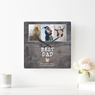 Rustic Wood Best Dad 3 Photo Collage Keepsake Square Wall Clock