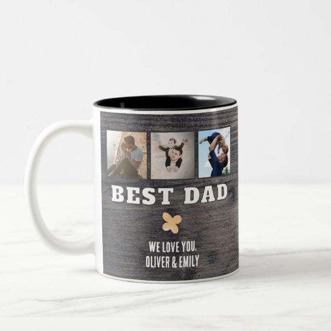 Rustic Wood Best Dad 3 Photo Collage Keepsake  Two-Tone Coffee Mug (Left)