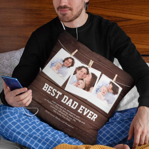 Rustic Wood Best Dad Ever 3 Photo Collage Cushion