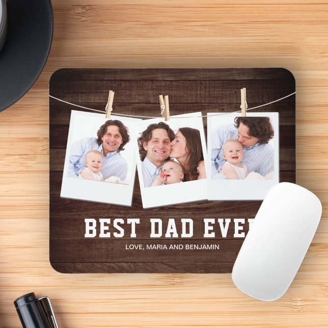 Rustic Wood Best Dad Ever 3 Photo Collage Mouse Pad (Creator Uploaded)