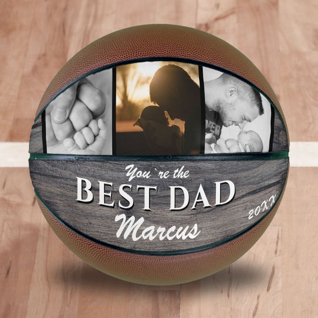 Rustic Wood Best Dad Name Keepsake 3 Photo Basketball (Creator Uploaded)
