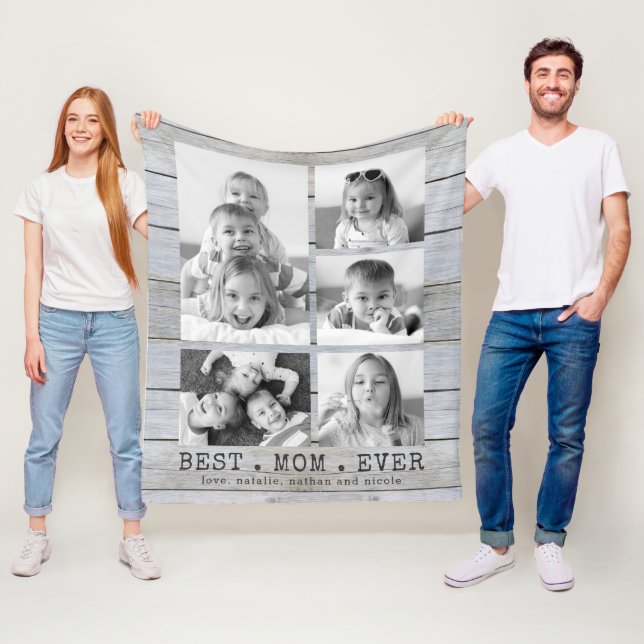 Rustic Wood BEST MOM EVER Auto B&W Photo Collage Fleece Blanket (In Situ)