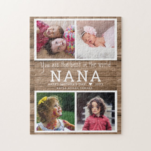 Rustic Wood Best Nana 4 Photo Collage Jigsaw Puzzle (Vertical)
