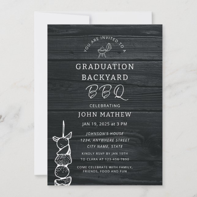 Rustic Wood Black BBQ Graduation Party Invitation (Front)