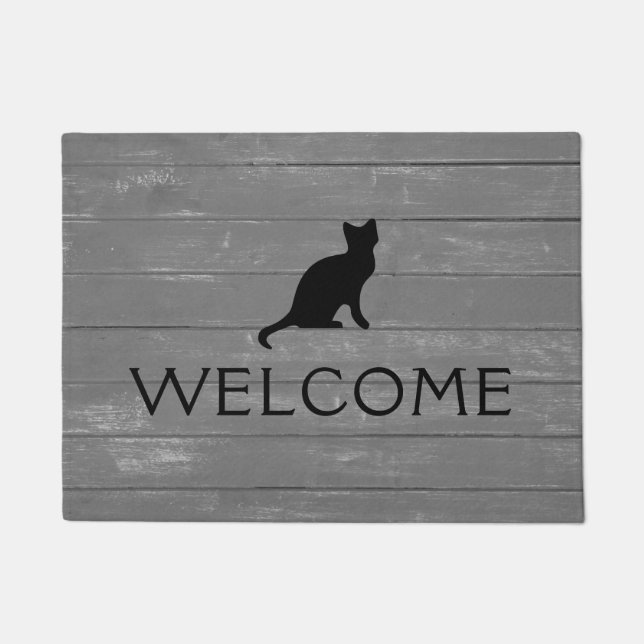 Rustic Wood - Black Cat Doormat (Front)