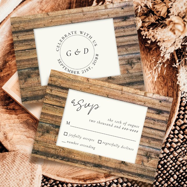Rustic Wood Black White Ivory Elegant Wedding RSVP (Creator Uploaded)