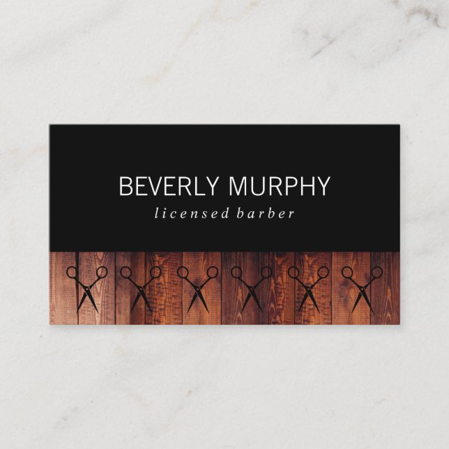 Rustic Wood Black with Shears Pattern Business Card (Front)