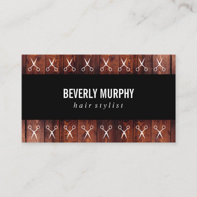 Rustic Wood Black with Shears Pattern Business Card (Front)