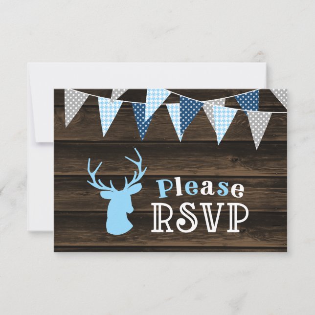 Rustic Wood Blue Deer Boy Baby Shower RSVP (Front)