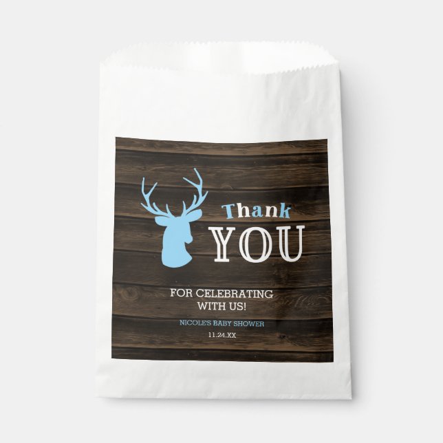 Rustic Wood Blue Deer Boy Baby Shower Thank You Favour Bags (Front)