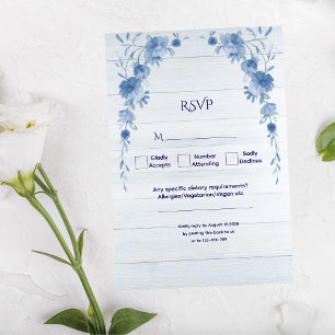 Rustic Wood  Blue Floral Elegant Wedding  RSVP Card