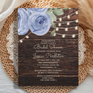 Rustic Wood Blue Floral String Light Bridal Shower Invitation