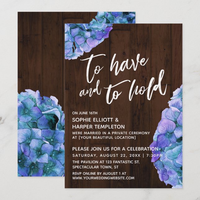 Rustic Wood Blue Hydrangea To Have and to Hold Invitation (Front/Back)